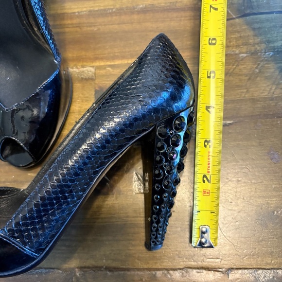 Miu Miu Black Patent Peep Toe Jeweled Heels Python Snake Skin Rhinestones 37 - Picture 7 of 14